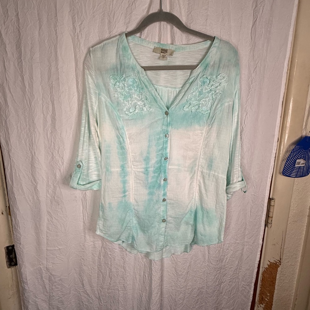 Vintage America Aqua Button-Up Top L